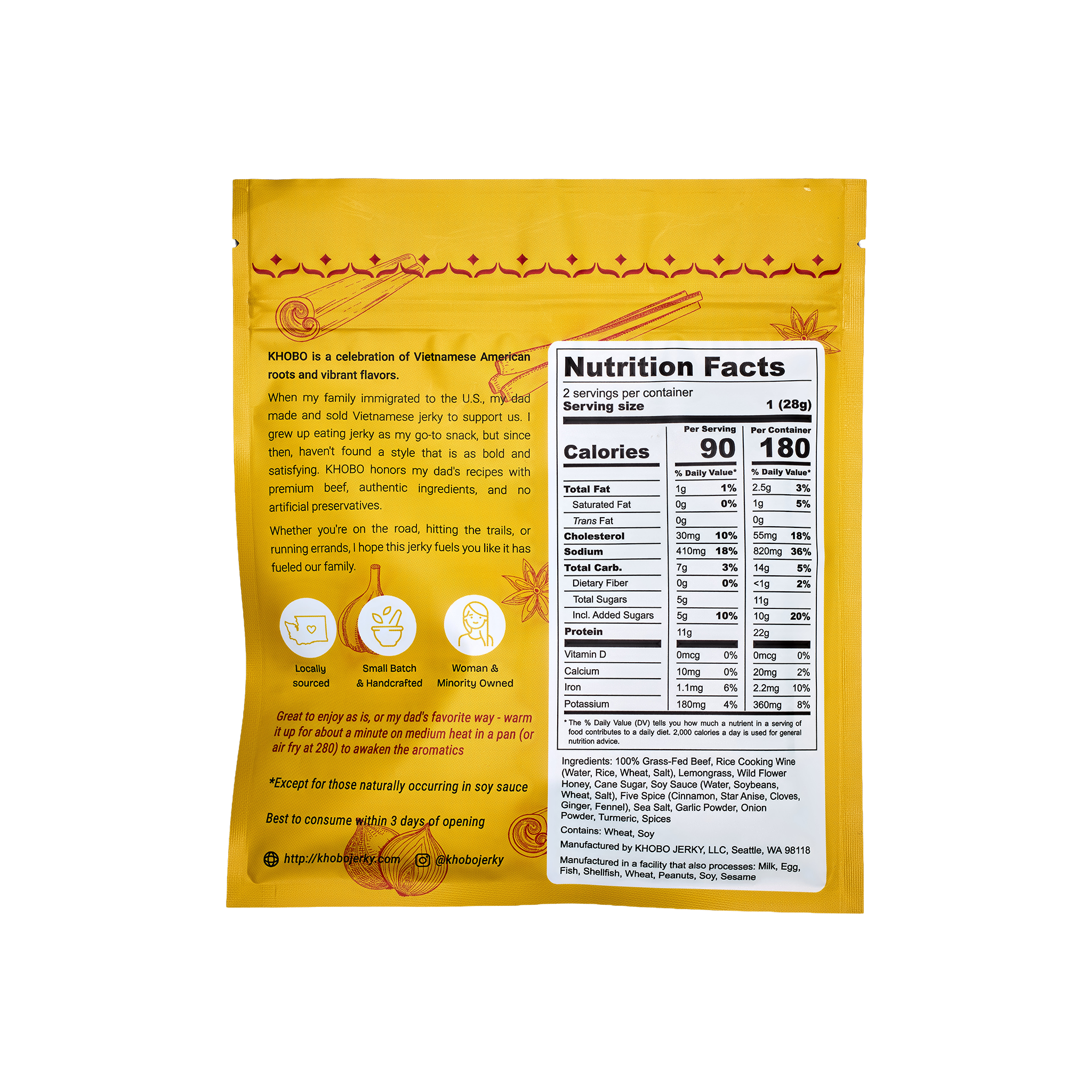 backside of Handcrafted grass fed Vietnamese style beef jerky in yellow packaging, with clean ingredients, no artificial preservatives 