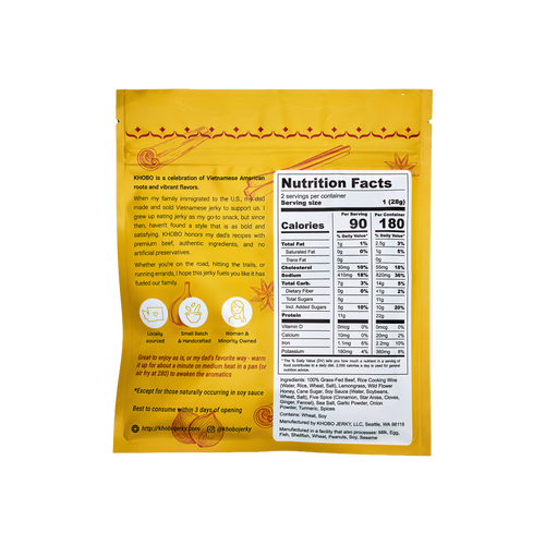 backside of Handcrafted grass fed Vietnamese style beef jerky in yellow packaging, with clean ingredients, no artificial preservatives 