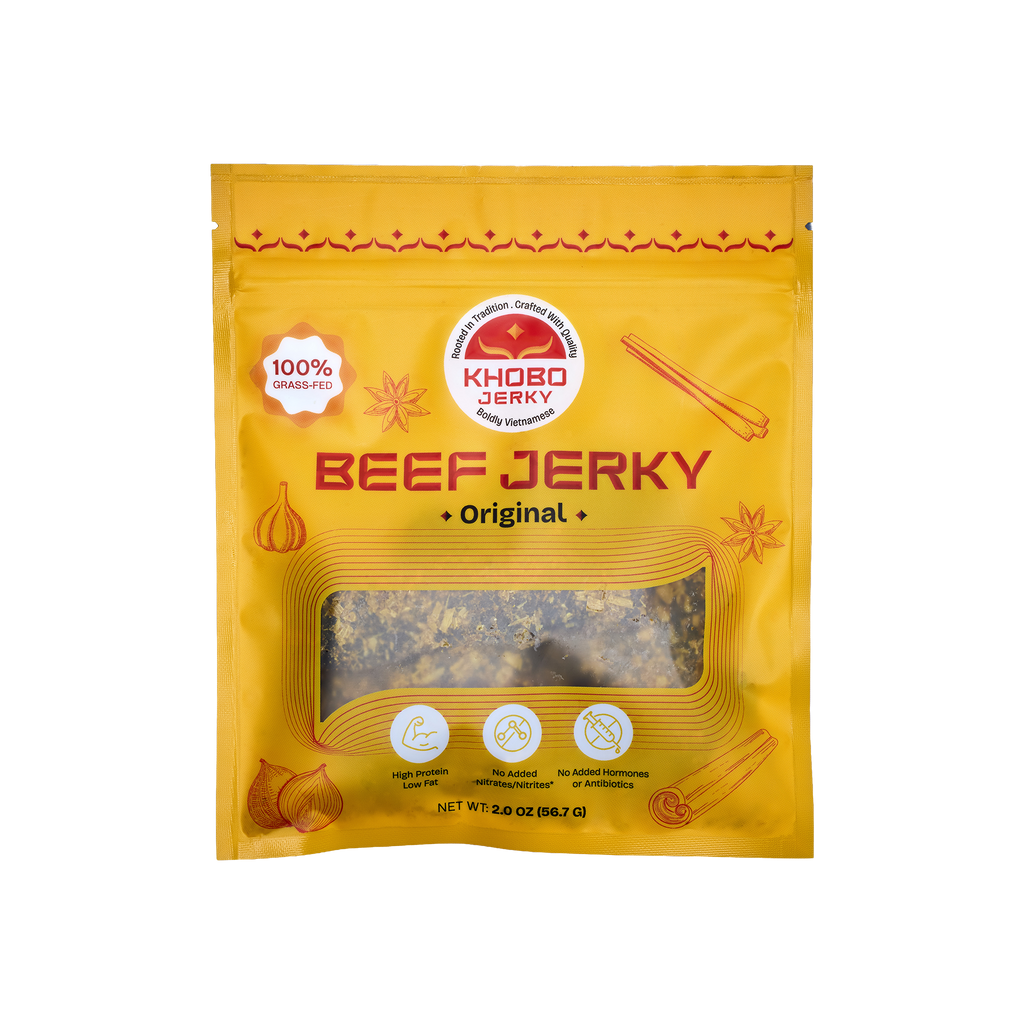 Handcrafted grass fed Vietnamese style beef jerky in yellow packaging, with lots of aromatics and lemongrass