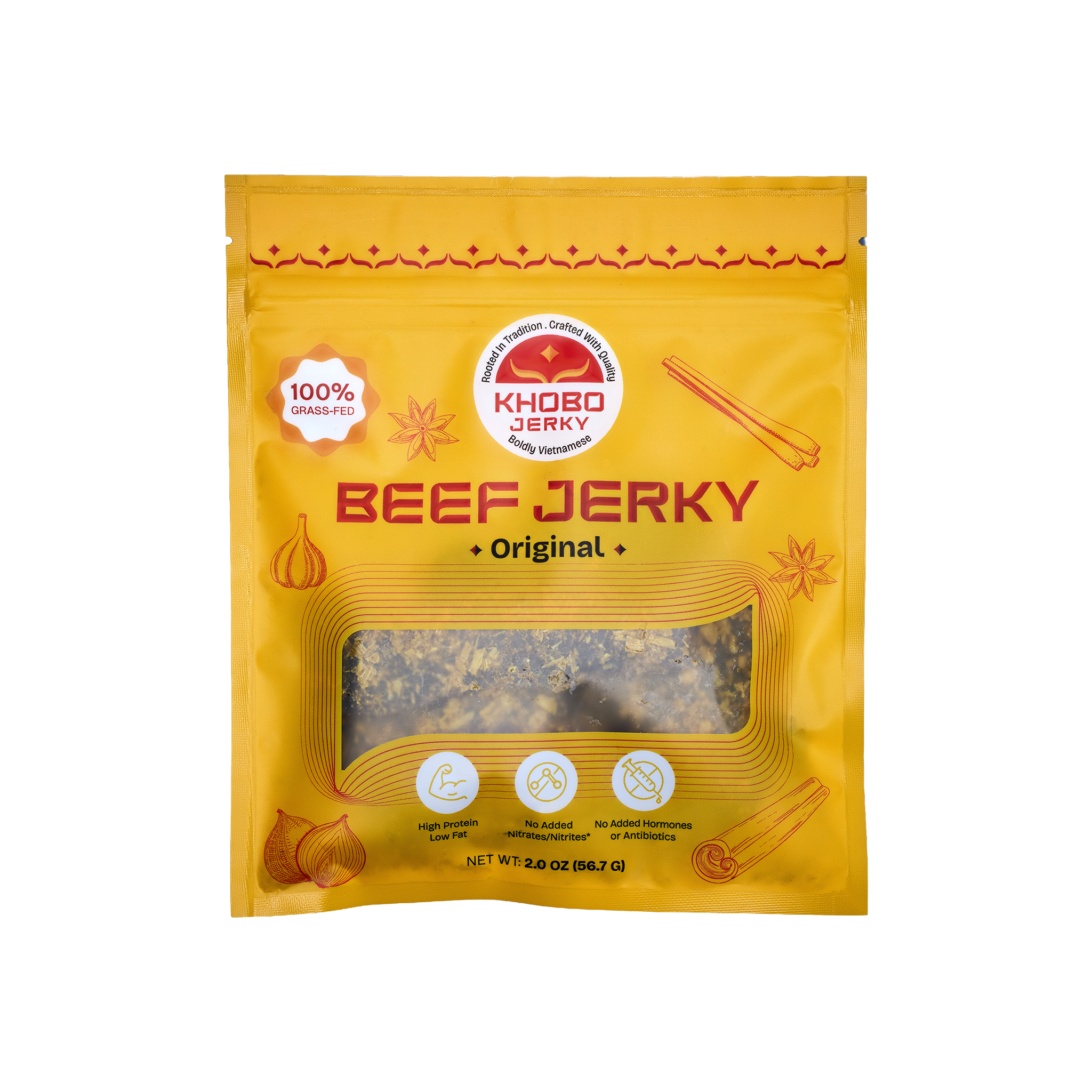 Handcrafted grass fed Vietnamese style beef jerky in yellow packaging, with lots of aromatics and lemongrass