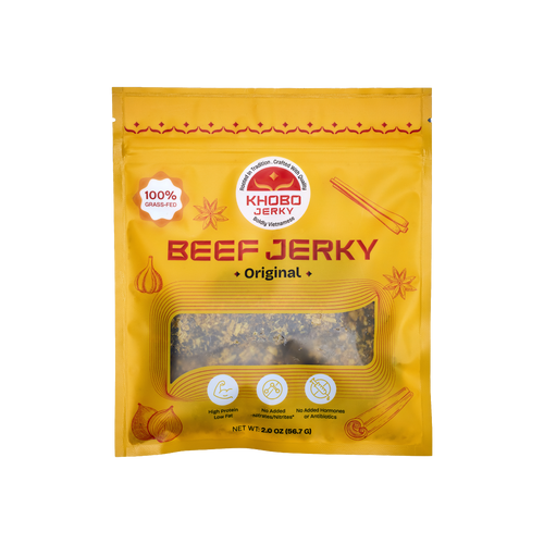 Handcrafted grass fed Vietnamese style beef jerky in yellow packaging, with lots of aromatics and lemongrass