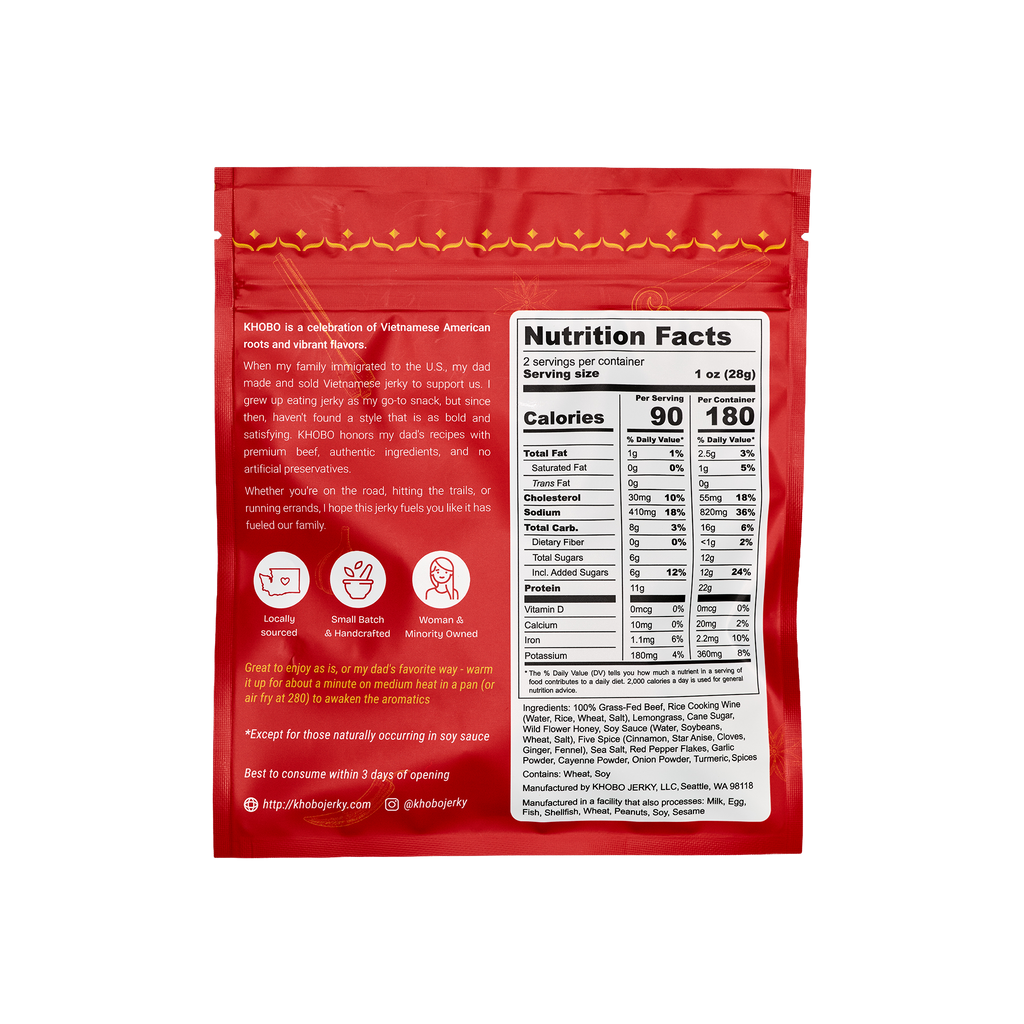 backside of handcrafted grass fed tender Vietnamese beef jerky in a red packaging with clean label, no artificial ingredients