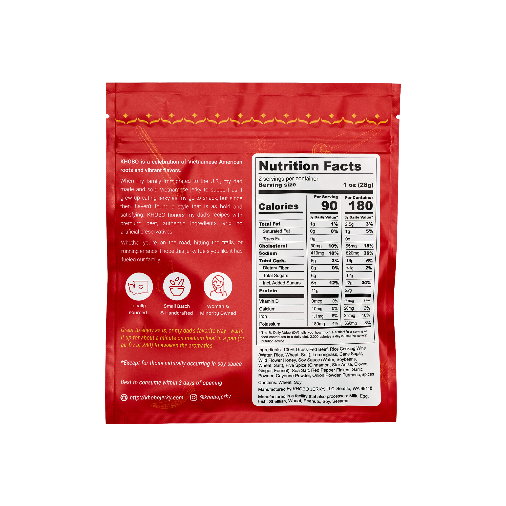 backside of handcrafted grass fed tender Vietnamese beef jerky in a red packaging with clean label, no artificial ingredients
