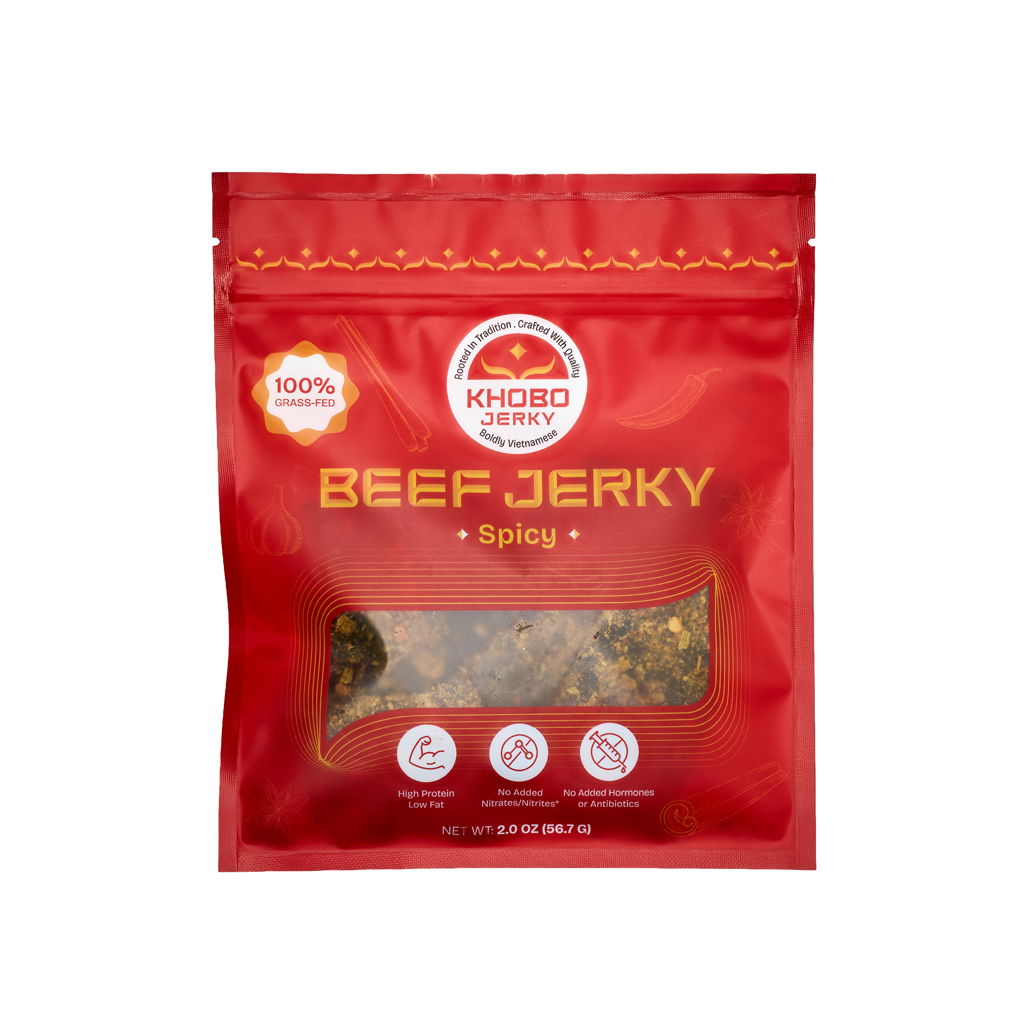 handcrafted grass fed tender Vietnamese beef jerky in a red packaging with lots of fresh aromatics, 
lemongrass and chili